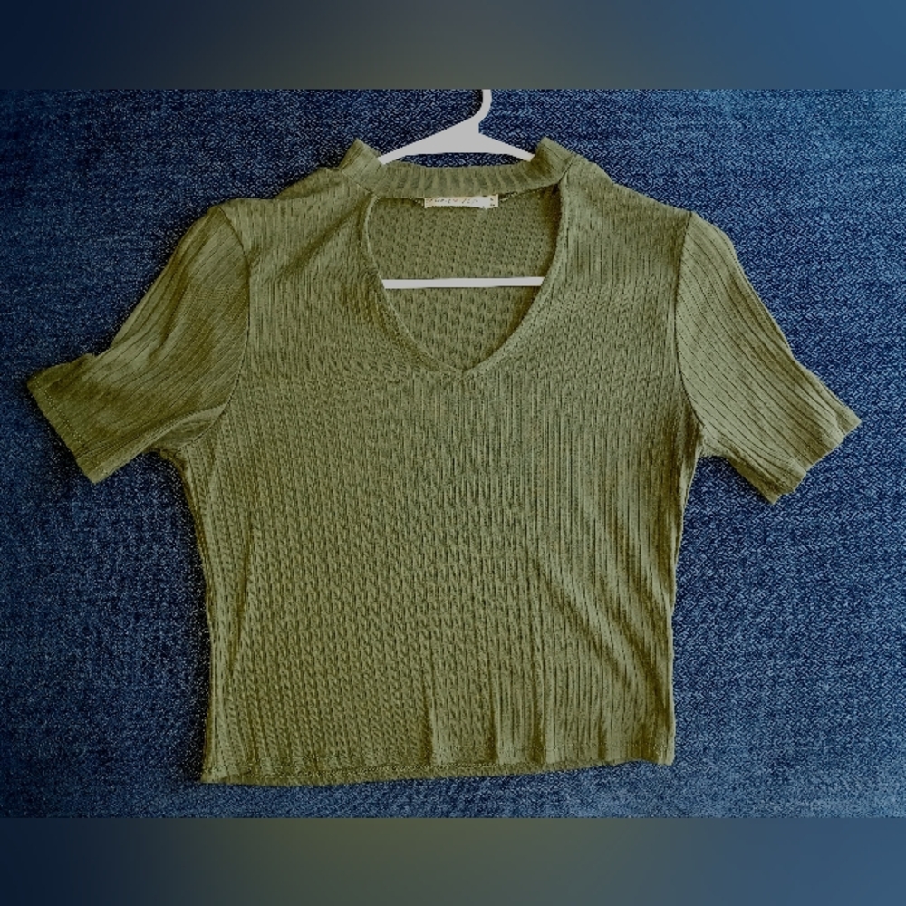 Heart Hips Olive Ribbed Crop V-Neck Tee